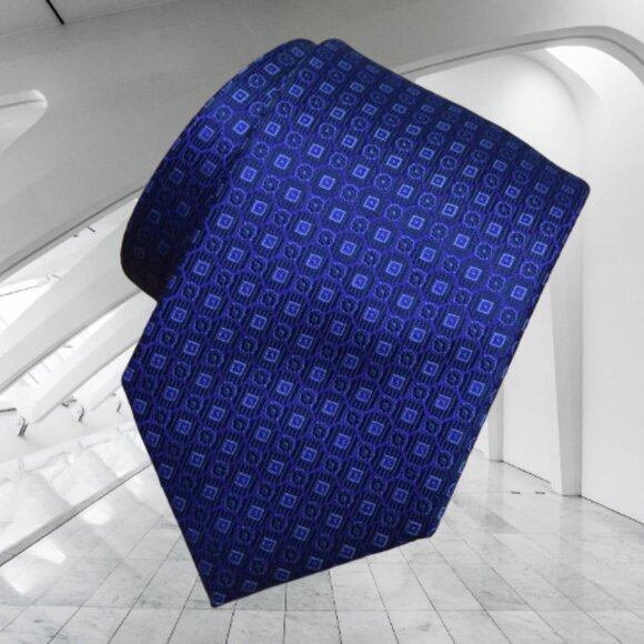 $490 New BRIONI Navy Blue Aqua Micro Squares Geometric Handmade Silk Neck Tie - Picture 4 of 16